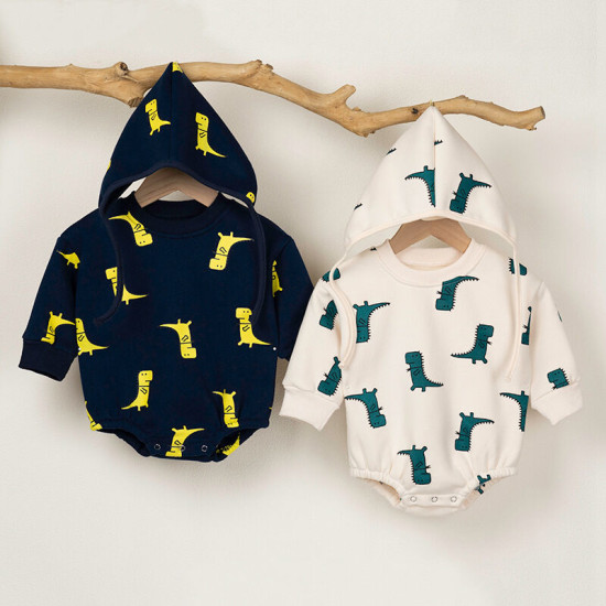 3-18M Baby Dinosaur Long Sleeve Bodysuit With Hats  Baby Clothing  