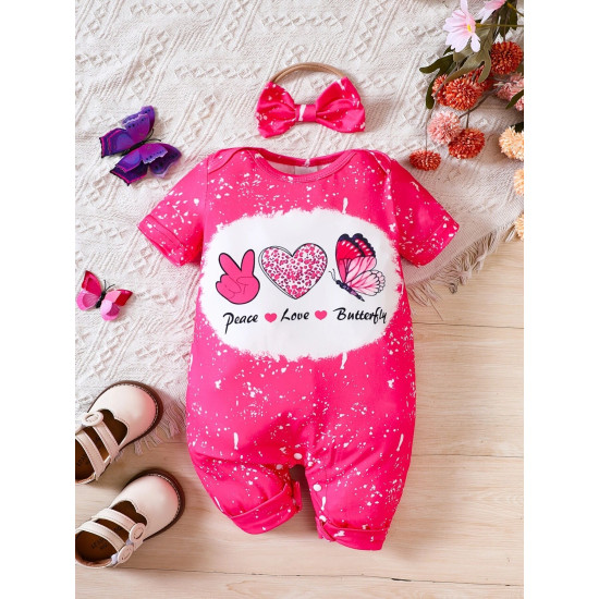 0-18M Baby Girls Valentine's Day Heart Print Jumpsuit & Headband  Baby Clothes  