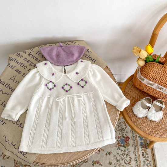 3-24M Baby Hand Crochet Ball Knitted Solid Color Dresses  Baby Clothing  