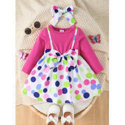 3M-3Y Baby Girls Polka Dot Print Bow Fake Two Piece Dresses  Baby Clothing  