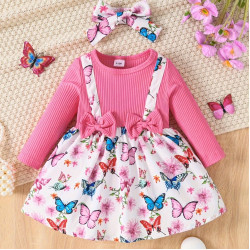 3M-3Y Baby Girls Bow Print Patchwork Fake Two Piece Dresses  Baby Clothing  