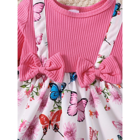 3M-3Y Baby Girls Bow Print Patchwork Fake Two Piece Dresses  Baby Clothing  