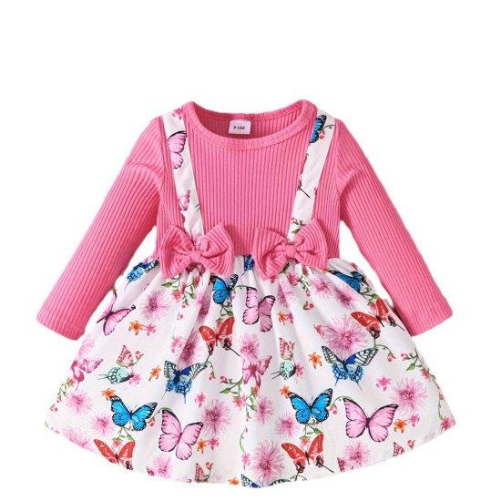 3M-3Y Baby Girls Bow Print Patchwork Fake Two Piece Dresses  Baby Clothing  