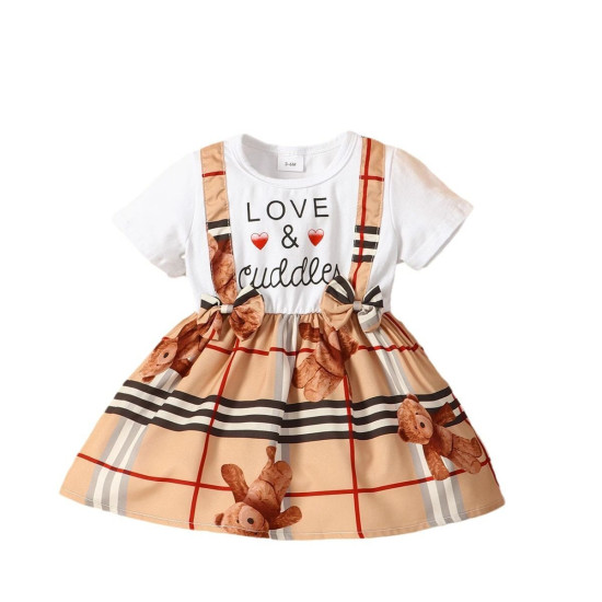 3M-3Y Baby Round Neck Lettered Bear Print Fake Two Piece Dresses  Baby Clothes  