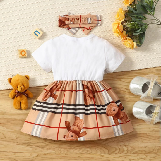 3M-3Y Baby Round Neck Lettered Bear Print Fake Two Piece Dresses  Baby Clothes  