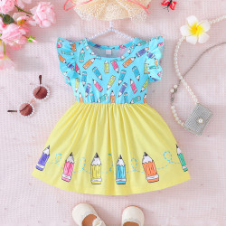 6M-3Y Baby Girls Round Neck Flying Sleeves Pencil Pattern Dresses  Baby Clothes  