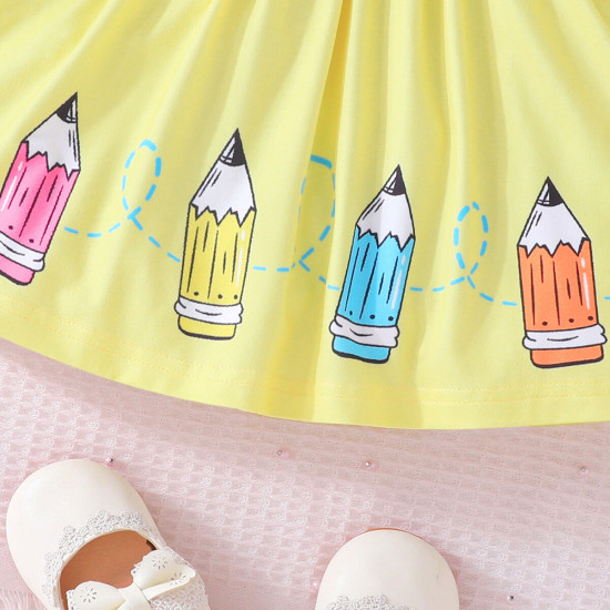 6M-3Y Baby Girls Round Neck Flying Sleeves Pencil Pattern Dresses  Baby Clothes  