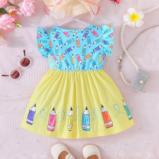 6M-3Y Baby Girls Round Neck Flying Sleeves Pencil Pattern Dresses  Baby Clothes  