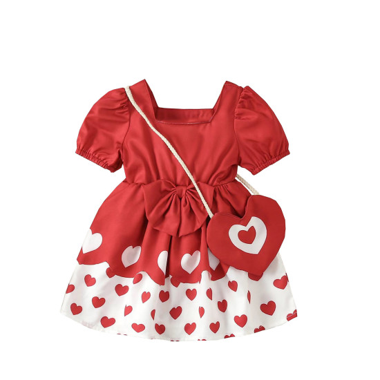 3M-3Y Baby Girls Valentine'S Day Short Sleeve Love Print Dresses With Bag  Baby Clothes  