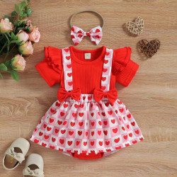 3-18M Baby Girls Valentine's Day Short-Sleeved Love Bow One-Piece Dress  Baby Clothes  