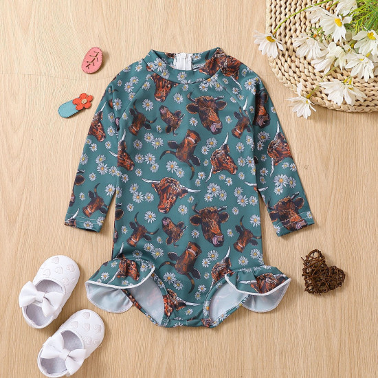9M-4Y Toddler Girls Bull Head Print One-Piece Swimsuit  Girls Clothes  
