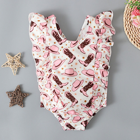 9M-3Y Baby Girl Sleeveless Shoes Cap Printed Backless One-Piece Swimsuit  Baby Clothing  