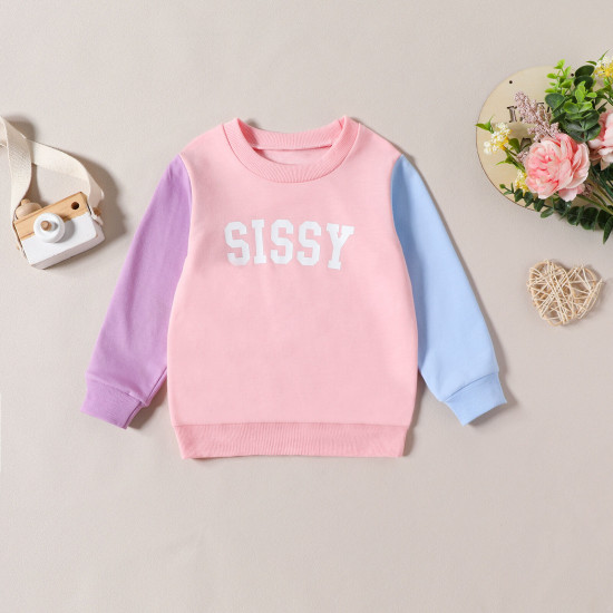 9M-4Y Toddler Girls Letter Contrast Color Long Sleeve Crew Neck Sweatshirt  Girls Clothes  