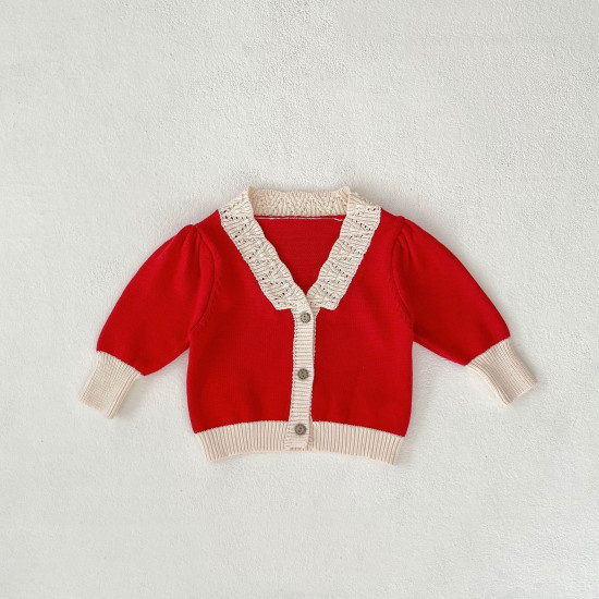 0-18M Baby Red Knitted Sweater Cardigan V-Neck  Baby Boutique Clothing  