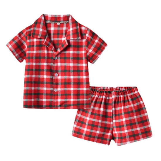 Short-Sleeved Plaid Top And Shorts Pajamas Set Toddler 2 Piece Pajamas  