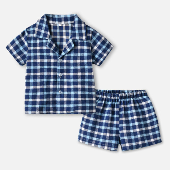Short-Sleeved Plaid Top And Shorts Pajamas Set Toddler 2 Piece Pajamas  