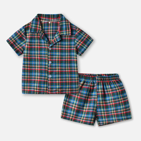 Short-Sleeved Plaid Top And Shorts Pajamas Set Toddler 2 Piece Pajamas  