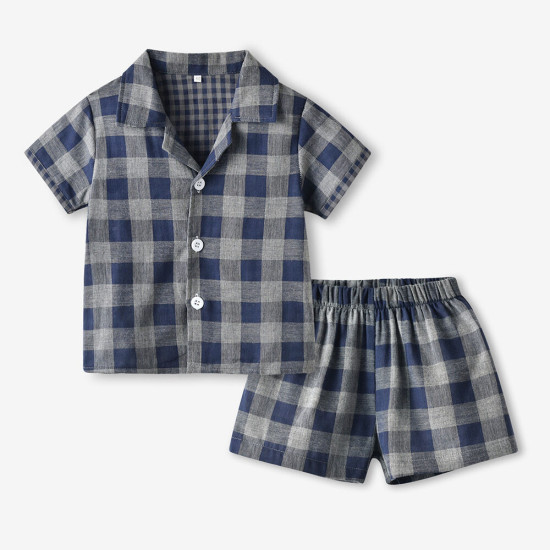 Short-Sleeved Plaid Top And Shorts Pajamas Set Toddler 2 Piece Pajamas  