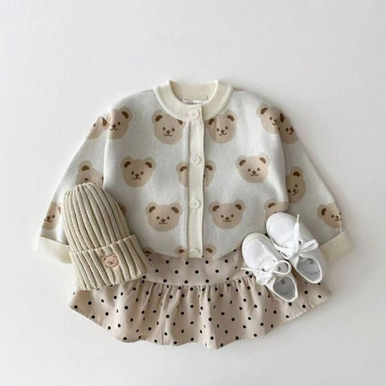 3-24M Baby Cartoon Bear Round Neck Knitted Cardigan  Baby Boutique Clothing  