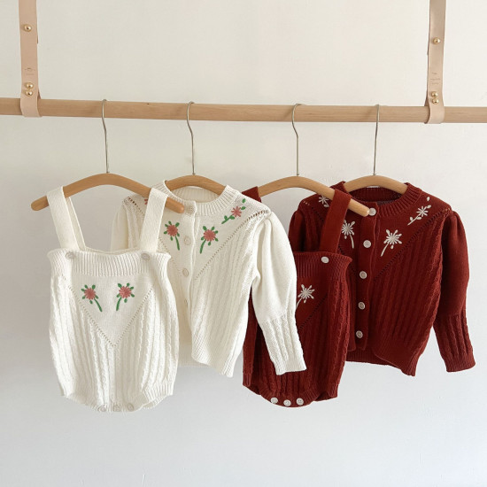 3-24M Baby Girls Sets Embroidery Floral Knitted Sweaters Or Suspender Bodysuit  Baby Clothes  