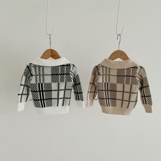 3-24M Baby Girls Knitted Sweater Plaid Lapel Pullover  Baby Clothes  