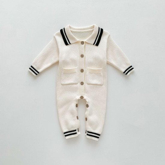 3-24M Baby Lapel Button-Up Knitted Jumpsuit  Baby Clothes  