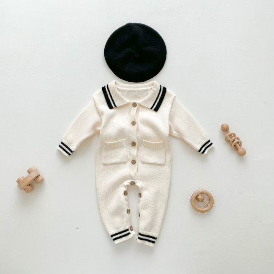 3-24M Baby Lapel Button-Up Knitted Jumpsuit  Baby Clothes  