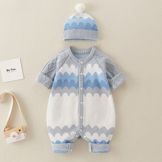 0-18M Baby Boys Contrast Knitting Jumpsuit & Hairball Hats  Baby Clothing  