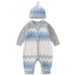 0-18M Baby Boys Contrast Knitting Jumpsuit & Hairball Hats  Baby Clothing  
