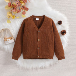 3-24M Baby Brown Knitted Cardigan Solid Color V-Neck Sweater  Baby Clothing  