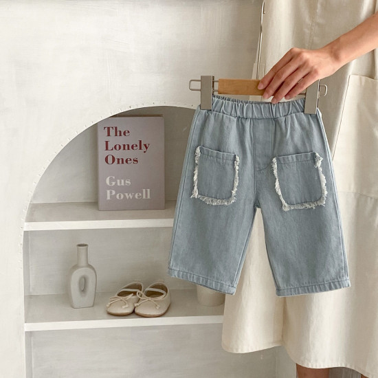 3-24M Baby Girls Raw Edge Pocket Cotton Denim Cropped Pants  Baby Boutique Clothing  