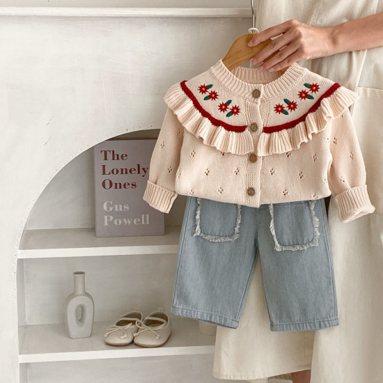 3-24M Baby Girls Raw Edge Pocket Cotton Denim Cropped Pants  Baby Boutique Clothing  