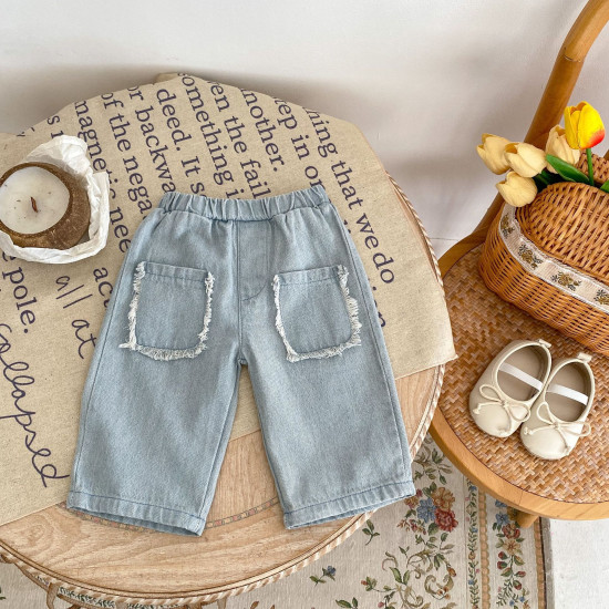 3-24M Baby Girls Raw Edge Pocket Cotton Denim Cropped Pants  Baby Boutique Clothing  