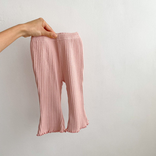 0-18M Baby Girl Solid Color Stretch Ribbed Wood Ear Hem Casual Pants  Baby Clothing  