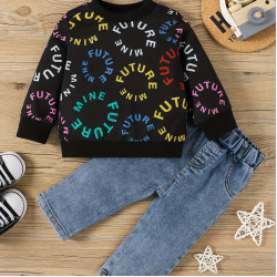 6M-3Y Baby Boys Etter Print Long Sleeve Top And Denim Trousers  Baby Clothing  
