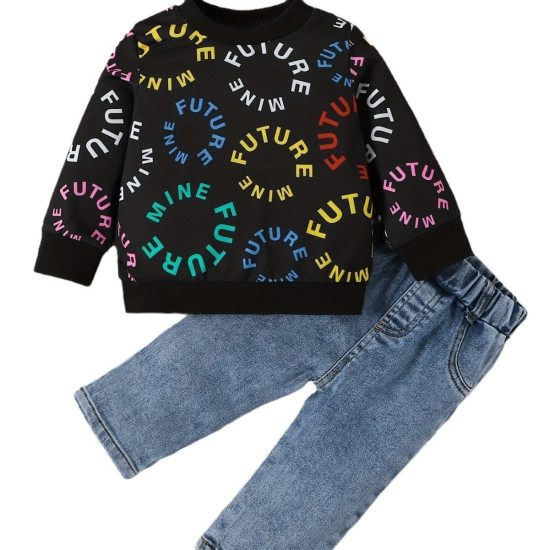 6M-3Y Baby Boys Etter Print Long Sleeve Top And Denim Trousers  Baby Clothing  