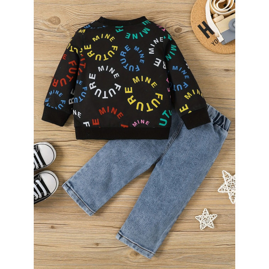 6M-3Y Baby Boys Etter Print Long Sleeve Top And Denim Trousers  Baby Clothing  
