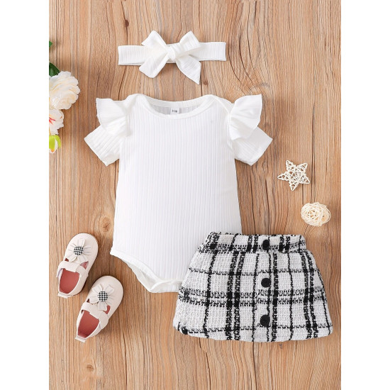 0-18M Baby Girls Sets Bodysuit & Plaid Skirts & Headband  Baby Clothes  