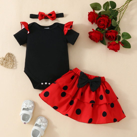 0-18M Baby Girls 3pcs Bodysuit & Polka Dots Skirts With Headband  Baby Clothes  