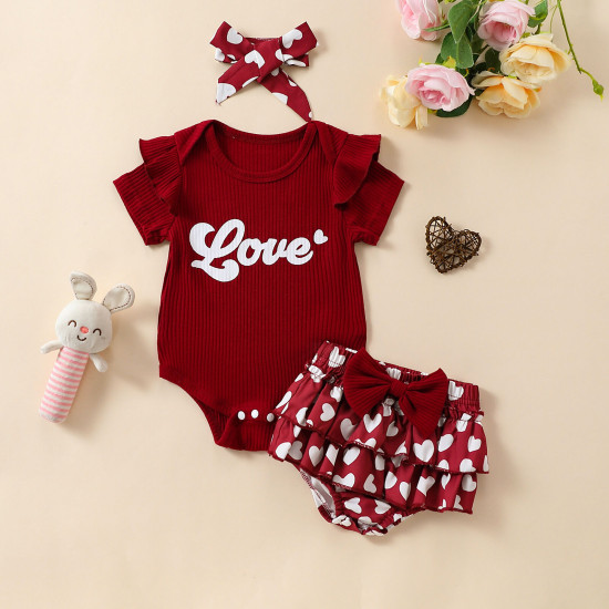 3-18M Baby 3pcs Valentine's Day LOVE Print Bodysuit & Shorts & Headband  Baby Clothes  