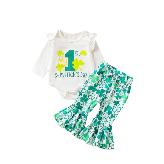 3-24M Baby 3pcs St. Patrick's Day Four Leaf Clover Bodysuit & Pants & Headband  Baby Clothes  