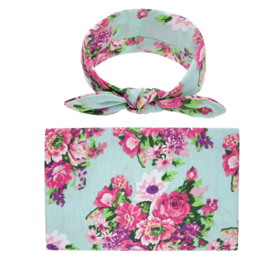 Baby Wrap Floral Print Rabbit Ears Headband Blanket Swaddle  Accessories  