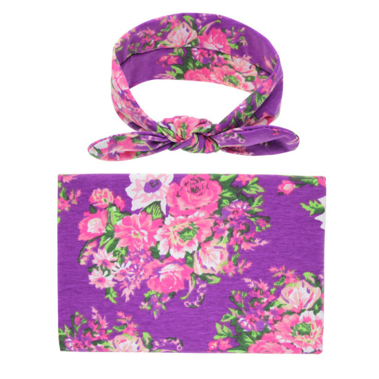 Baby Wrap Floral Print Rabbit Ears Headband Blanket Swaddle  Accessories  
