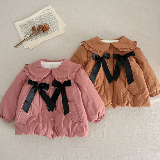 3-24M Baby Girls Ruffled Lapel Bow Winter Coats  Baby Clothing  