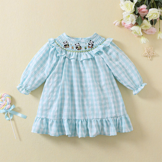9M-5Y Toddler Girls Plaid Smocked Panda Embroidery Dresses  Girls Clothes  