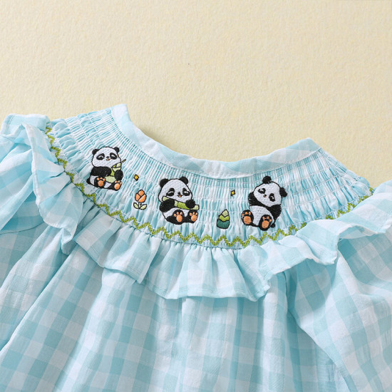 9M-5Y Toddler Girls Plaid Smocked Panda Embroidery Dresses  Girls Clothes  