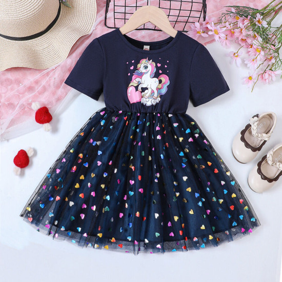 18M-6Y Toddler Girls Cartoon Printed Colorful Love Mesh Dresses Valentine's Day  Girls Clothes  