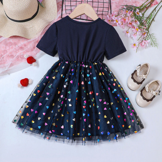 18M-6Y Toddler Girls Cartoon Printed Colorful Love Mesh Dresses Valentine's Day  Girls Clothes  