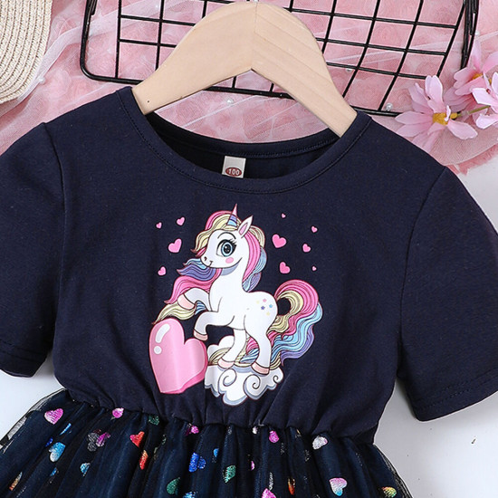 18M-6Y Toddler Girls Cartoon Printed Colorful Love Mesh Dresses Valentine's Day  Girls Clothes  