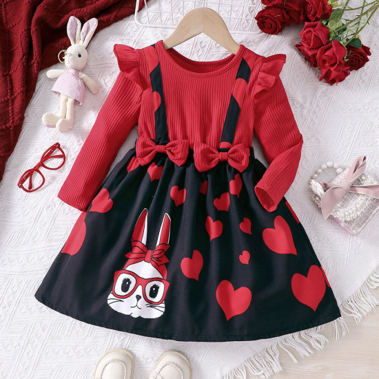 18M-6Y Toddler Girls Valentine's Day Heart Bow Long Dresses  Girls Clothes  
